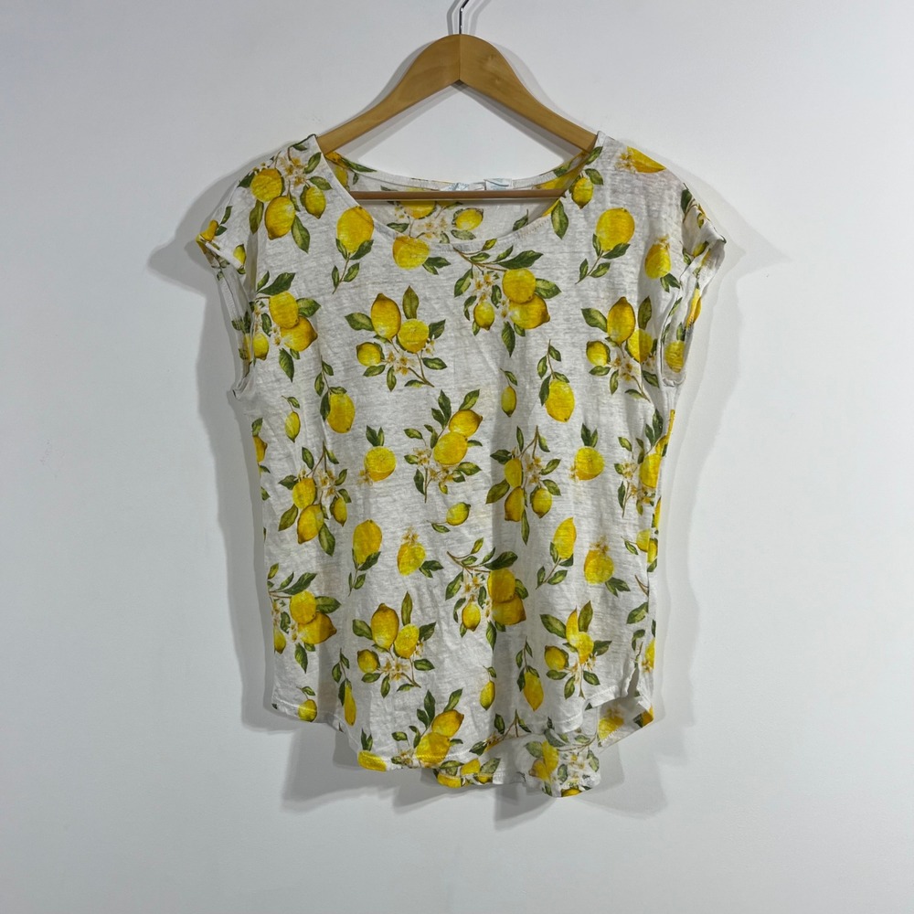 Cynthia Rowley Euro Summer 100% Linen Lemon Print Top Resort Yellow Womens Large